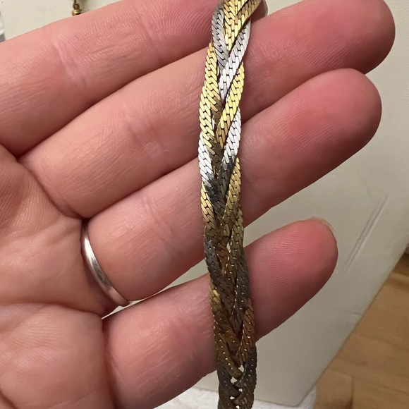 Vintage Braided Two-Tone Herringbone Chain Link Necklace Gold-tone Silver-tone - Picture 2 of 5